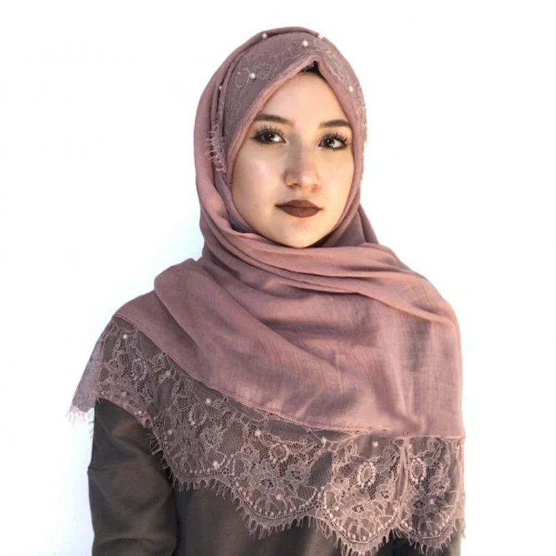 muslim Lace scarf hijab woman plain shawl wrap white lace foulard femme islamic cotton headscarf arab pearls head scarves | Тематическая