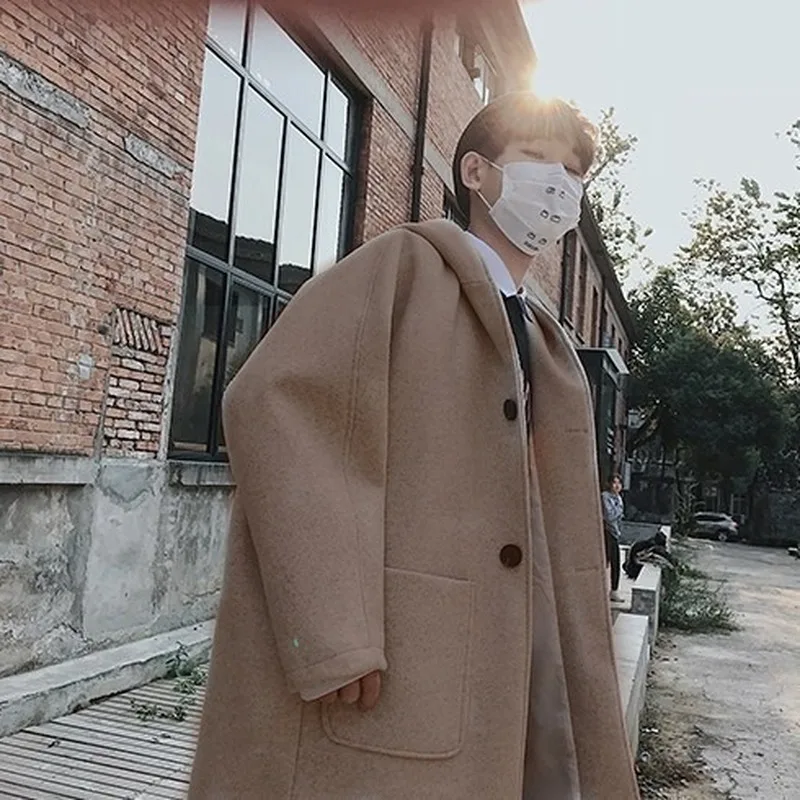 

Woolen Coat Men with Hooded Plus Size Mid-long Outwear Mens Stylish Autumn Winter Clothes Street Style High-end Overcoat Pockets