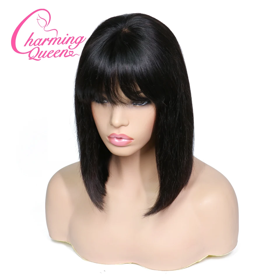 Charming Queen 13*4 Lace Front Human Hair Wigs With Bangs 130% Brazilian Remy Hair Straight Short Bob Wigs For Women Baby Hair