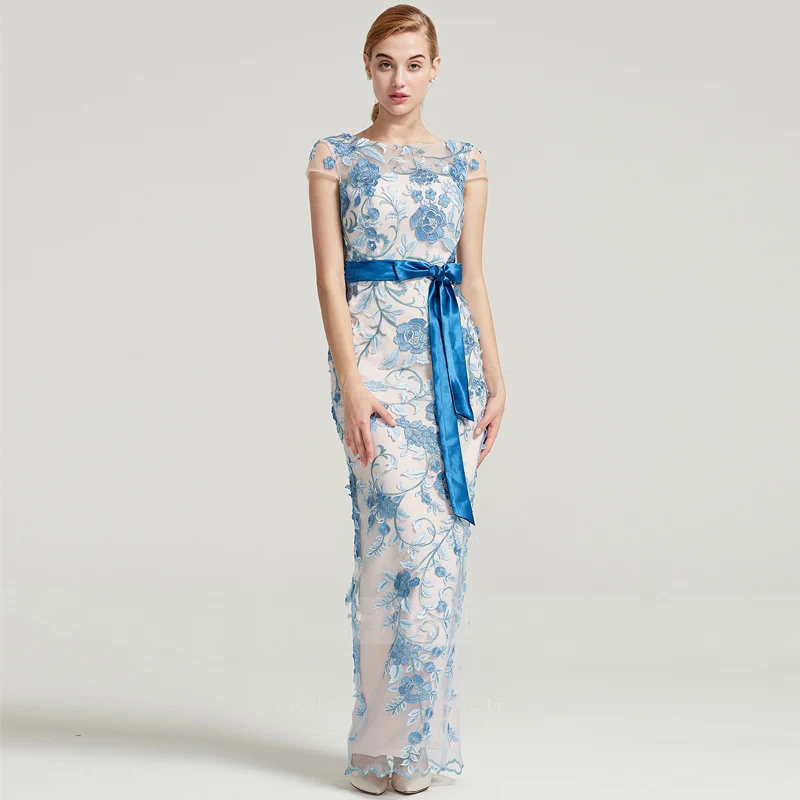 Синее элегантное кружевное прямое сексуальное платье для выпускного вечера с