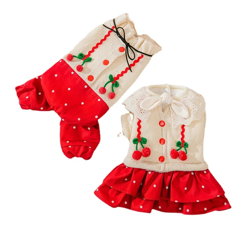 

Cute Cherry Couple Outfit Cat Puppy Skirt Warm Four-legged Cotton-padded Clothes Pet Clothes Cat Puppy Clothes Dropshipping