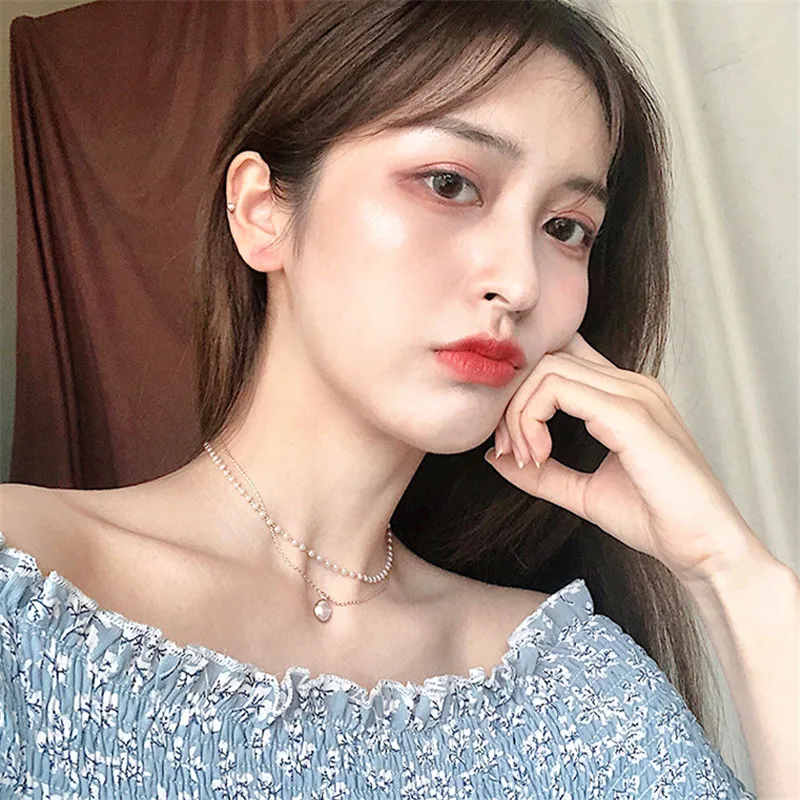 

2020 New Double Layer Chain Gold Color Choker Necklace Women Korean Style Pearl Pendant Necklace Fashion Jewelry Collar