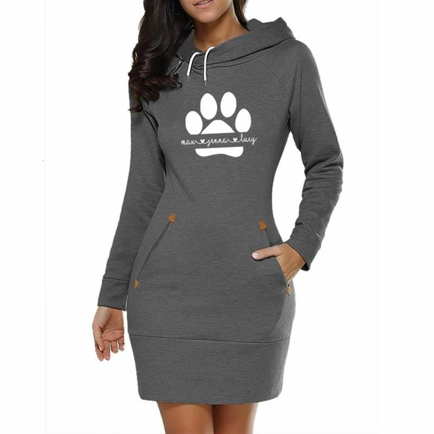 

Dog Paw Letters Print Long Dress Hoodies For Women Tops Sweatshirt Femmes Harajuku Hoodies Pockets Casual Funny Hoody