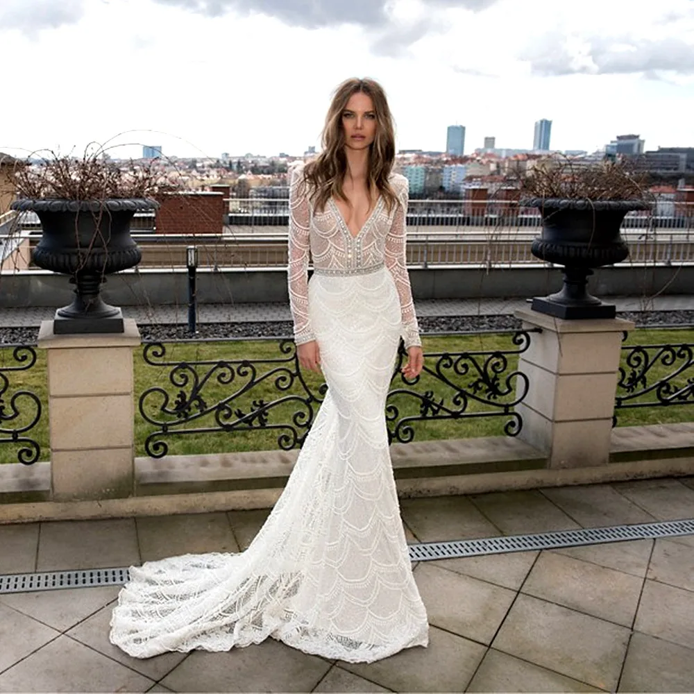 White Bridal Gown Deep V-Neck Custom Lace Mermaid Wedding Dresses 2020 Long Sleeve bride dress платье свадебное vestido de noiva