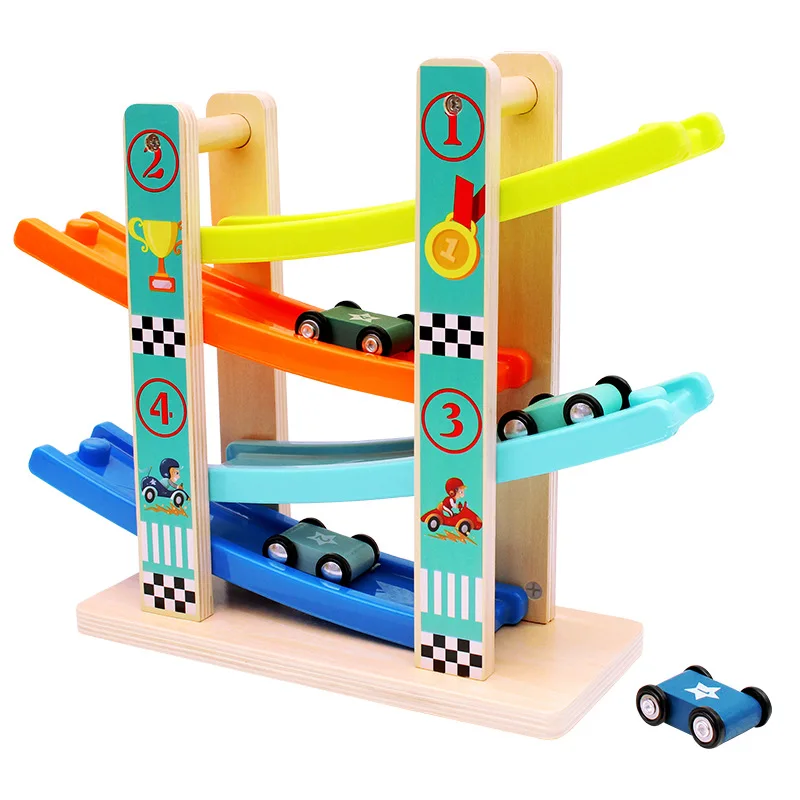 

Baby Toys Wooden Four-track Gliding Car Toy Children Early Education Track Car Inertia Racing Car Children's Toys montessori