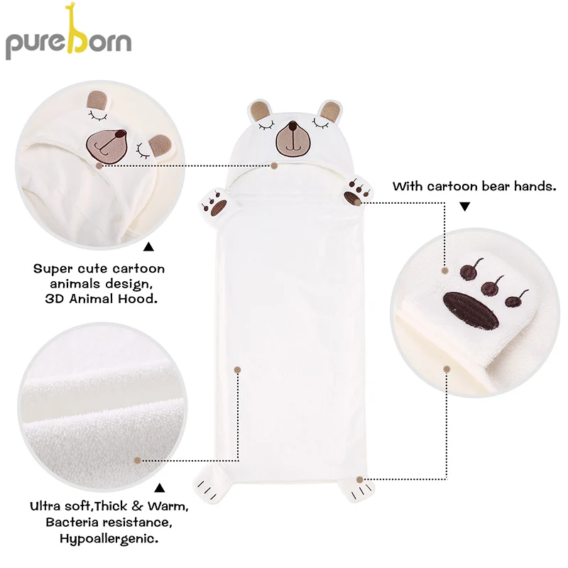 Детское банное полотенце pureborn для новорожденных, мультяшное животное, с капюшоном, унисекс, детское полотенце, одеяло для мальчиков и девочек, детские вещи