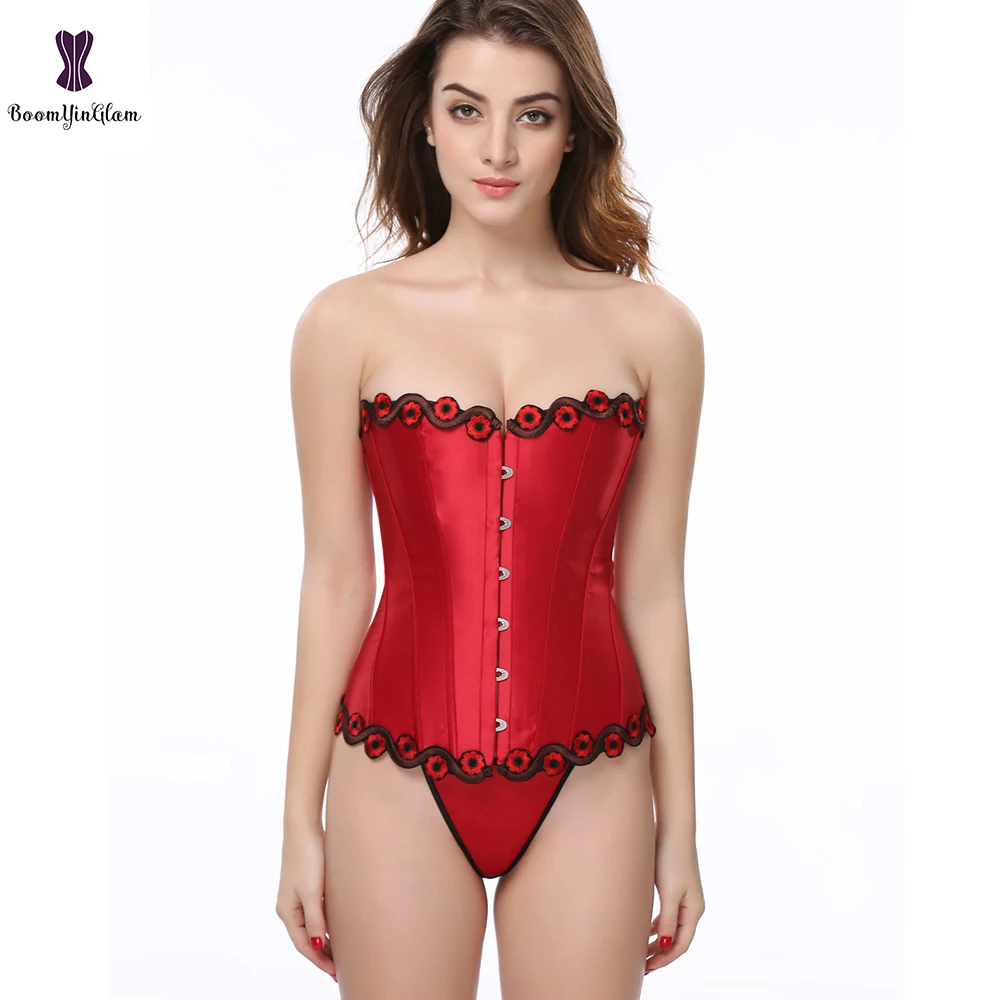 Красное пикантное женское Бюстье с цветочной вышивкой пластиковый корсет