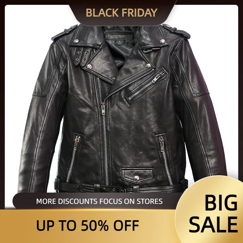 

2021 черные мотоциклетные Стиль мужская кожаная куртка из натуральной кожи размера плюс 4XL натуральная овчина Весна Slim Fit Короткие байкерские...