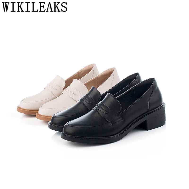 Туфли оксфорды женские высокий каблук лоферы без застежки Кожаные криперы туфли