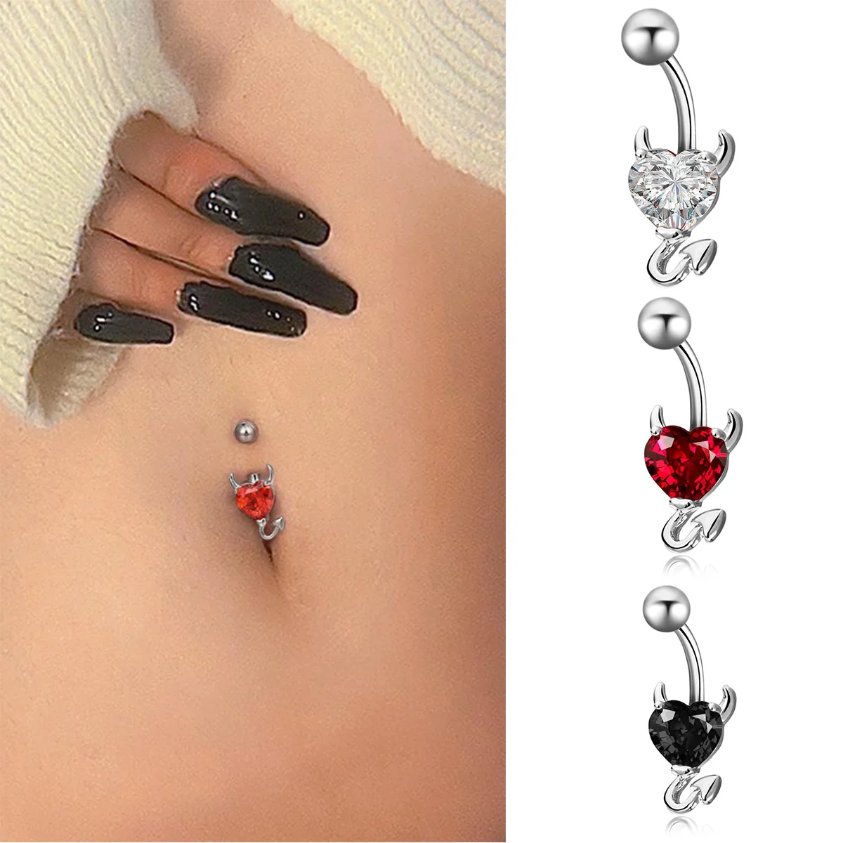 

New Stainless Steel Love Heart Devil Piercing Belly Button Nails For Women Fashion Zircon Sexy Umbilical Ring 2021 Body Jewelry