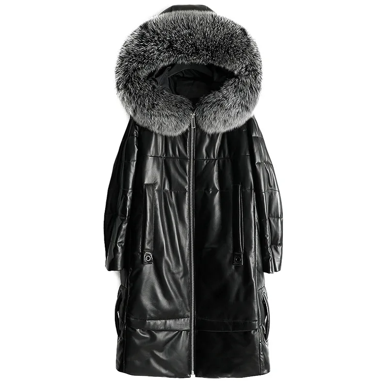 

1 Piece Fox Fur Hooded Genuine Leather Down Jacket Women Girls Casual 100% Sheepskin Long Thick Overcoat Black Wine Red