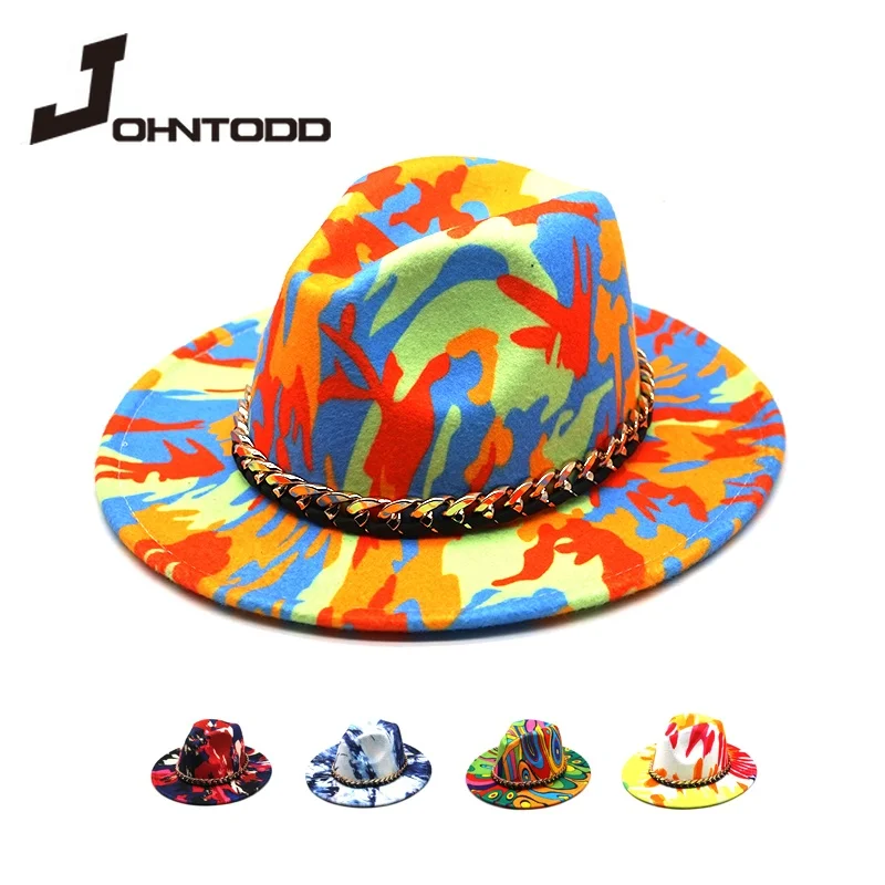 

2021 New Winter Woman Men Tie Dye Fedora Hat Ladies Fashion Flat Wide Brim Panama with Fashion Belt Wool Felt Jazz Fedora Hats