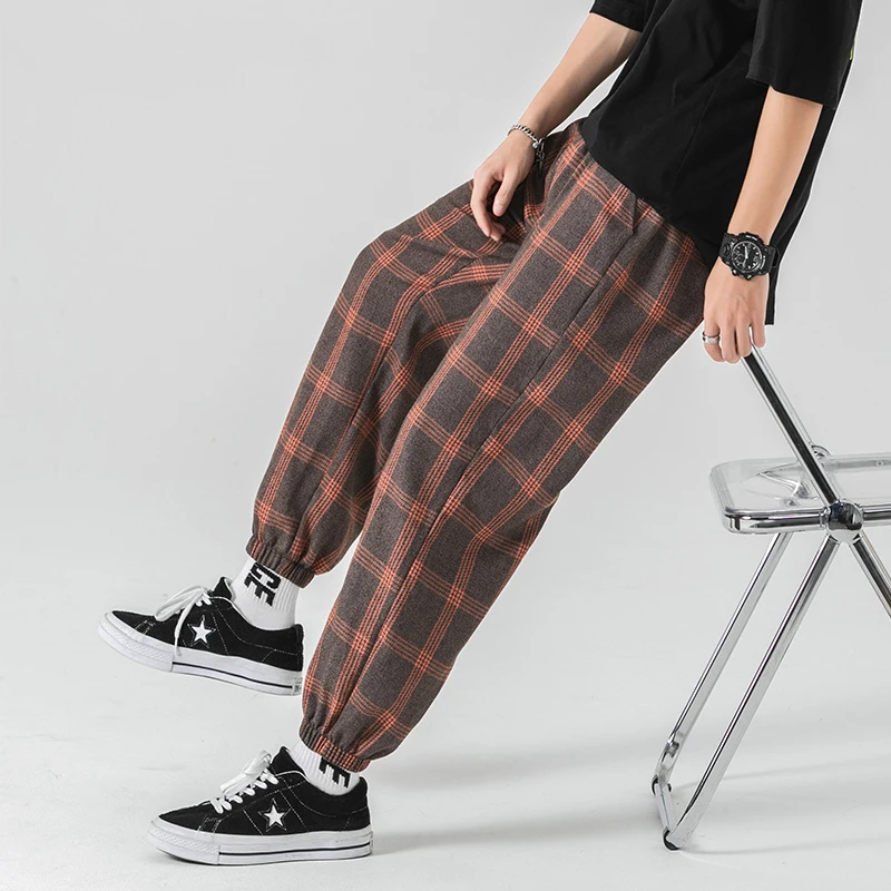 

Мужские повседневные брюки 202, модные повседневные клетчатые брюки, тонкие свободные брюки с кулиской, мужские брюки, спортивные брюки