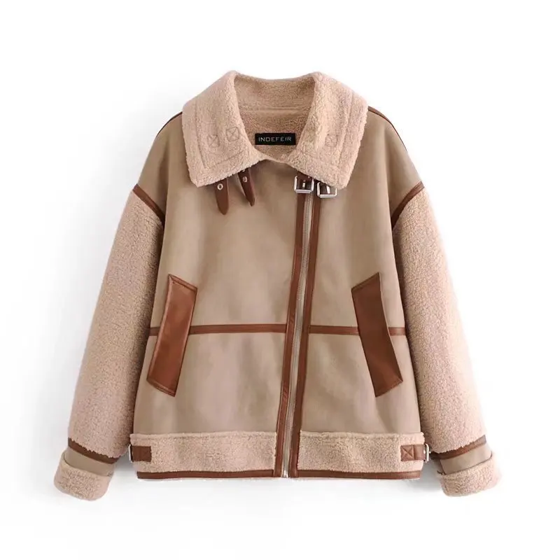 

Women Autumn Winter Warm Woolen Patchwork Jacket Coat Female Tyrn Down Collar Zipper Front Pocket Chic Casual Loose Casaco Top