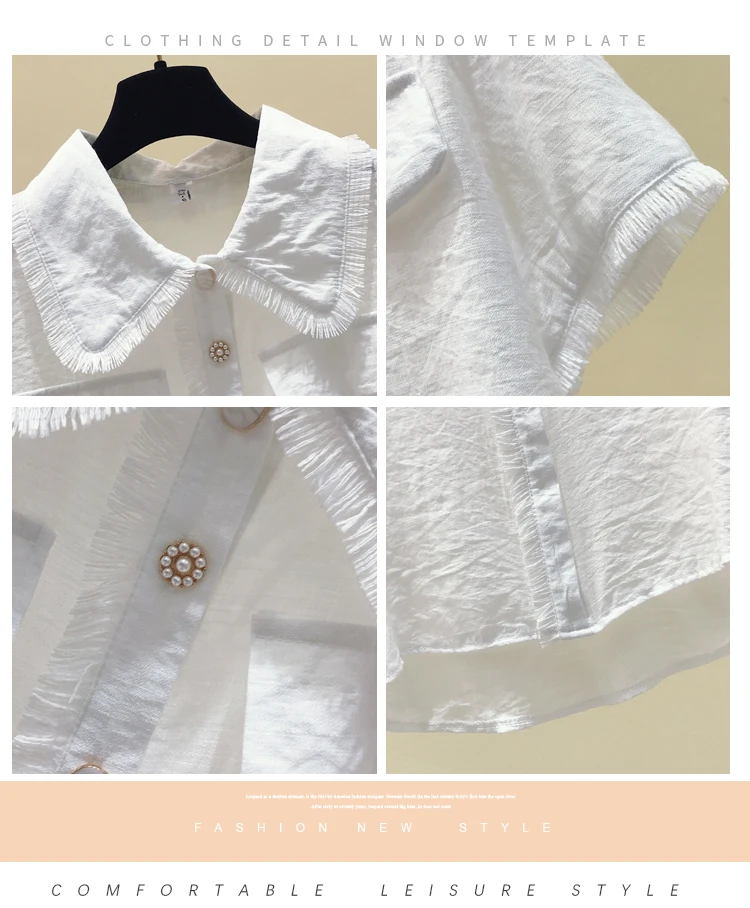 

Houthion Chiffon Slim Women's Blouses Fashion Short Sleeve Top New Casual Blouse Solid Color Lace Doll Collar Pullover Summer