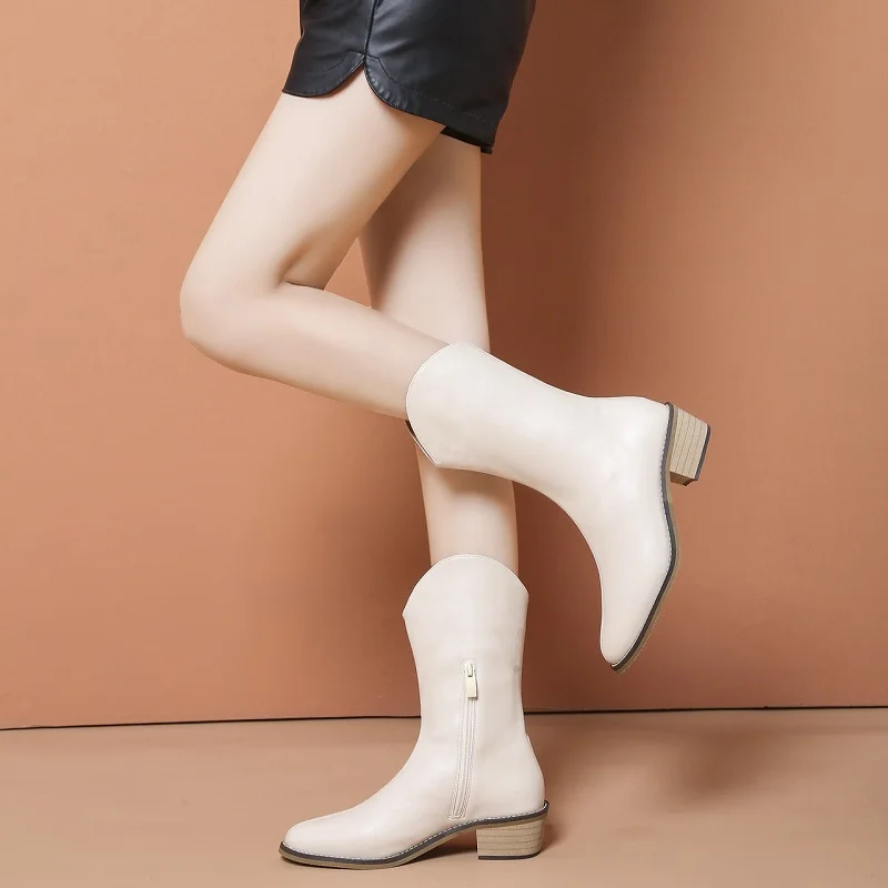 

Women Boots 2021 Autumn Winter Knee High Boots Female Pointed Toe Block Low Heels Shoes PU Zipper Keep Warm Fashion Long Boots