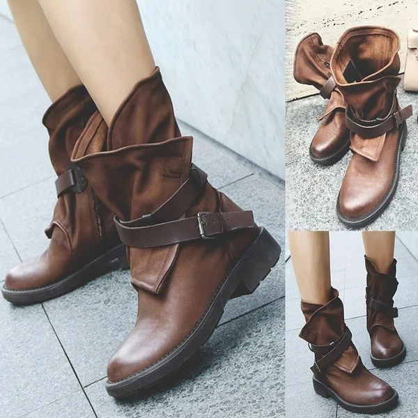 

ankle head strap low square boots heel women's oversized New round in autumn winter 2021
