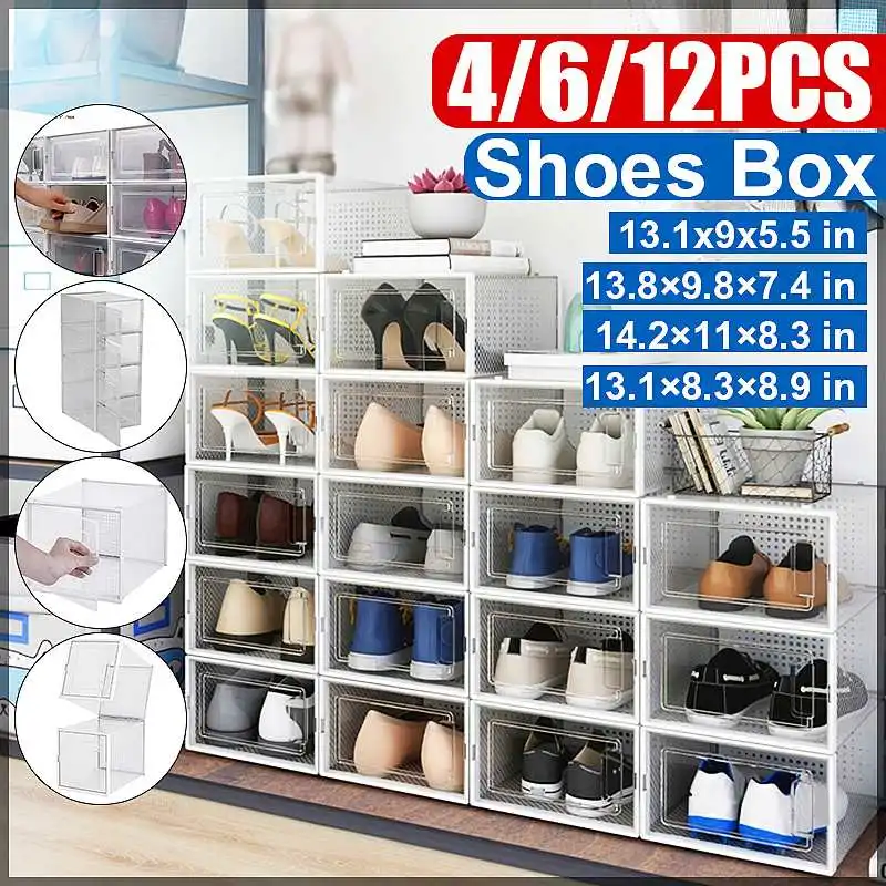 

4/6PCS White PP Shoe Box Stackable Shoe Storage Organizer Transparent Drawer Case Storage Box Cube Bin Organizer Storage Bins