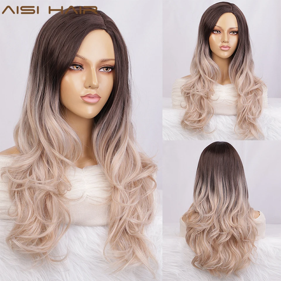 AISI HAIR Синтетические длинные волнистые волосы Омбре коричневый парик для черных