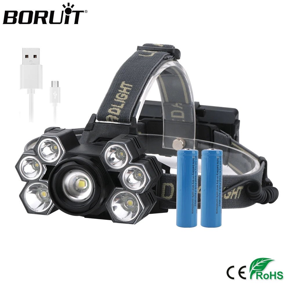 BORUiT 3 * T6 + 4 XPE светодиодный налобный фонарь с 5 режимным увеличением мощный
