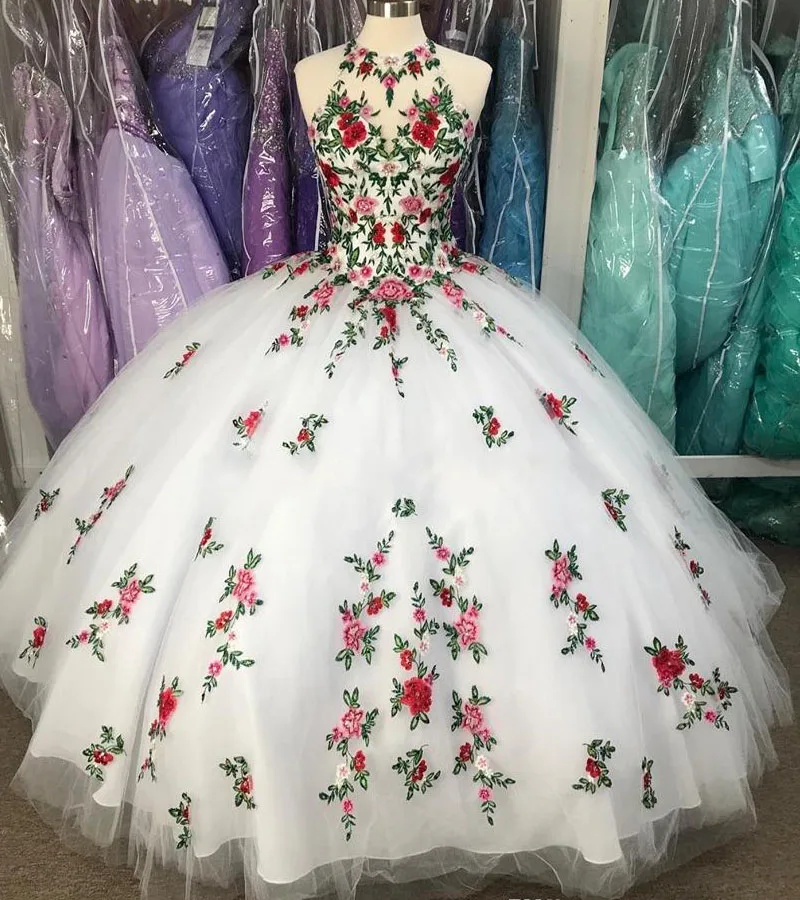 

Fabulous White 3D Flowers Ball Gown Quinceanera Prom Dresses Embroidery Sheer Neck Keyhole Corset Back Sweet 16 Dress Vestidos