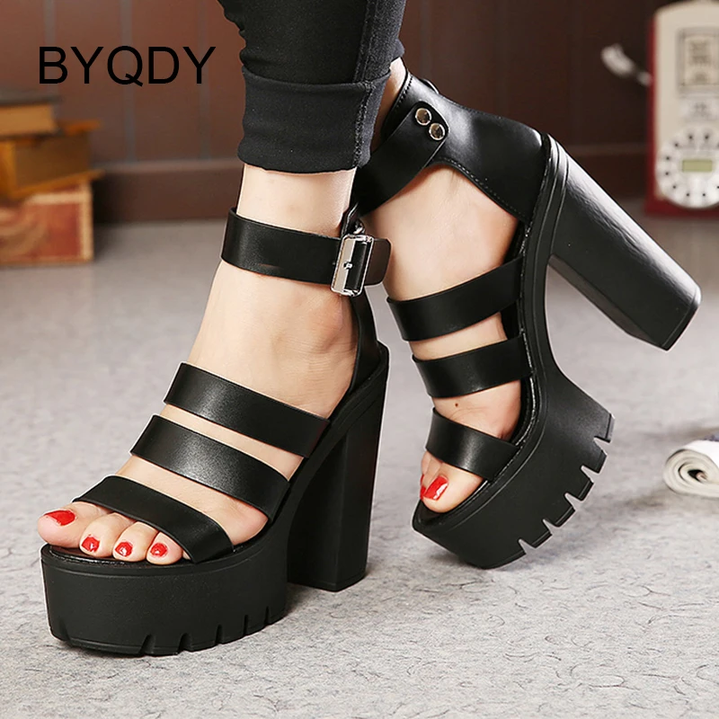 

BYQDY 2021 Summer Women Rome Style Sandals Open Toe Ankle Strap Buckles Female Sandals Cover Heeled Thick High Heels Lady Shoes
