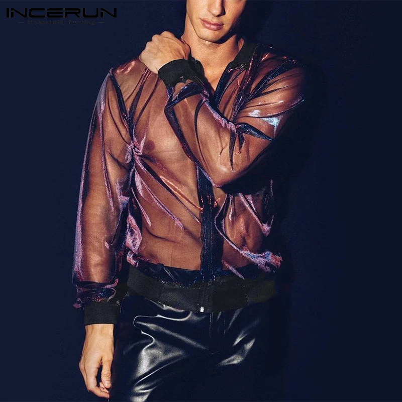 

INCERUN Men Mesh Patchwork Shirt Zipper Long Sleeve Transparent Sexy Camisas Streetwear 2021 Party Nightclub Men Clothing S-5XL