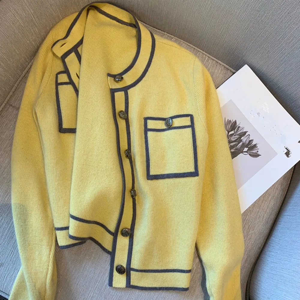 

Женский трикотажный кардиган с круглым вырезом, длинным рукавом и карманами