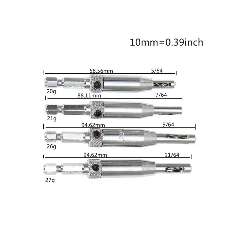 

4pcs/set Center Drill Bit Doors Self Centering Hinge Tapper Core Drill Bit Set Hole Puncher Woodworking Tools 5/64"-11/64" C90A