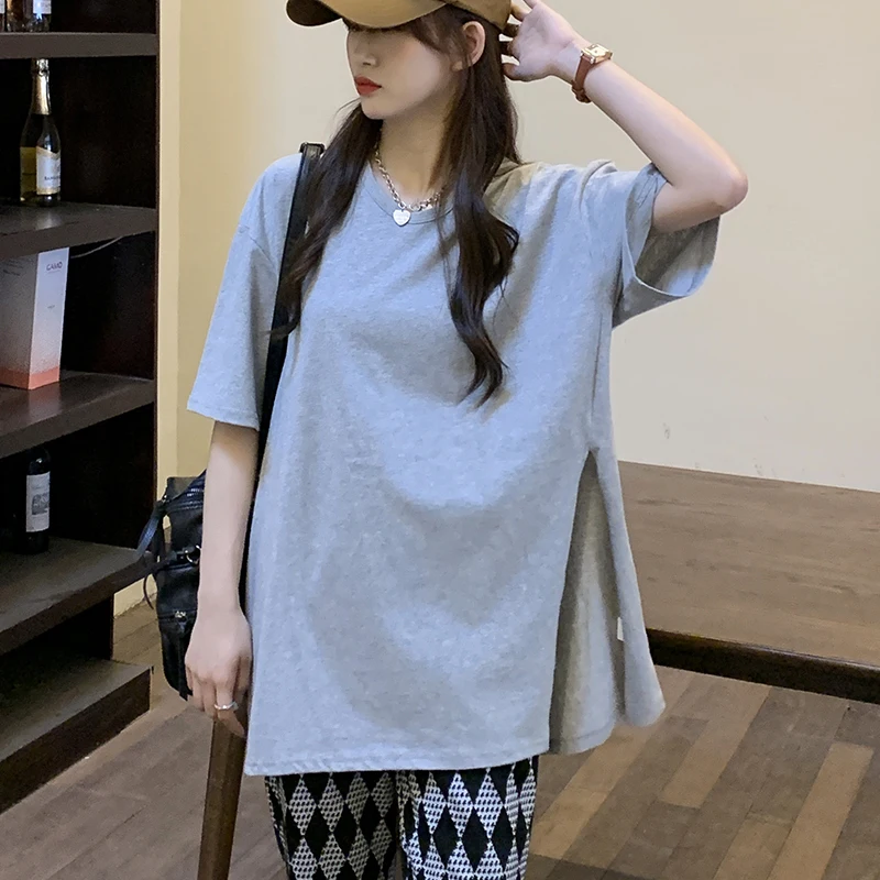 

Summer New Cotton T Shirt Women Loose O Neck Slim Thin Slit Short Sleeve Tops Femme Solid Casual Simple Basic Tee T-Shirt Female