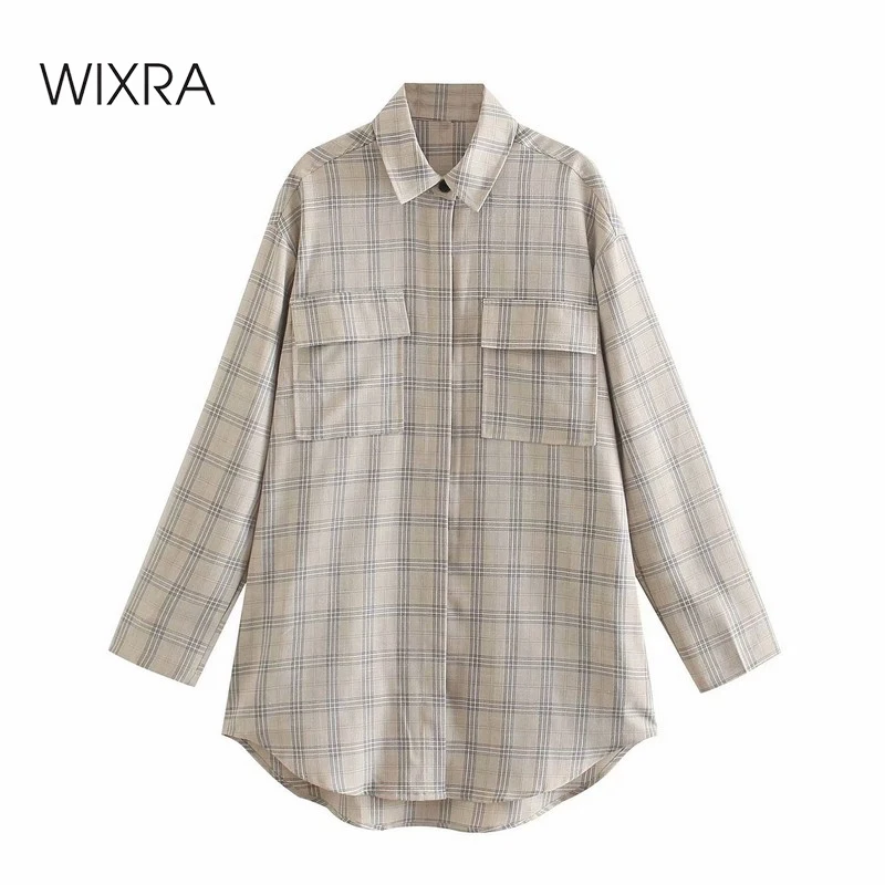 

Wixra Women Blouse Street Style Turn Down Collar Classic Plaid Long Sleeve Casual Shirts Lady Pockets Clothes Blusas