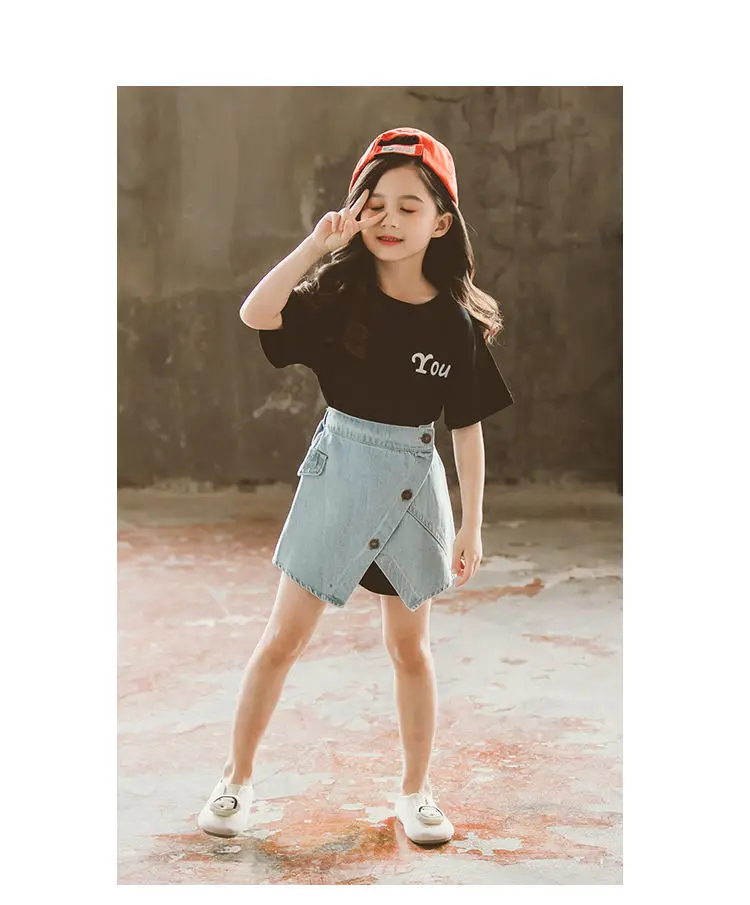 Летний комплект одежды для девочек футболка джинсовая юбка детская одежда из 2