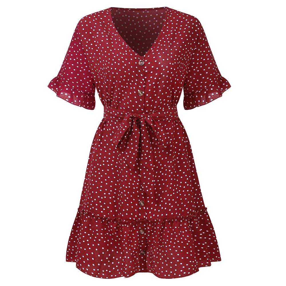 

European and American leisure solid color dot print dress fashion loose V-neck short sleeve women's top short skirt