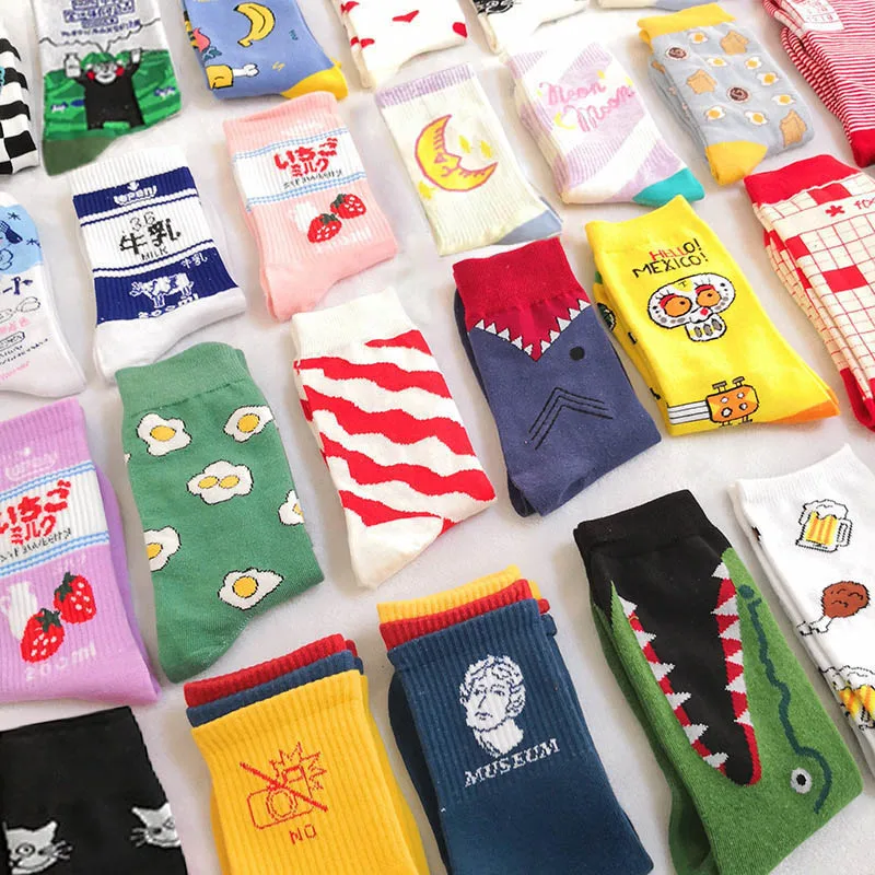 

Creative High Quality Fashion Harajuku Kawaii Happy Women Socks milk Food painting Strawberry Animal Print Funny Socks Cute Sock