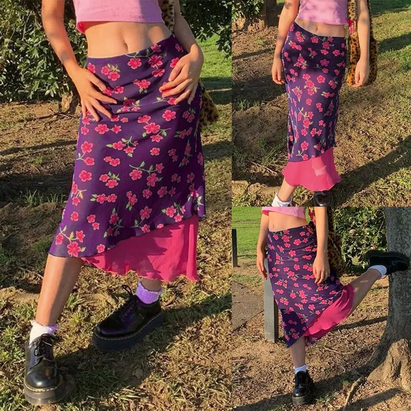 

Юбка-карандаш женская шифоновая двухслойная с заниженной талией и цветочным принтом