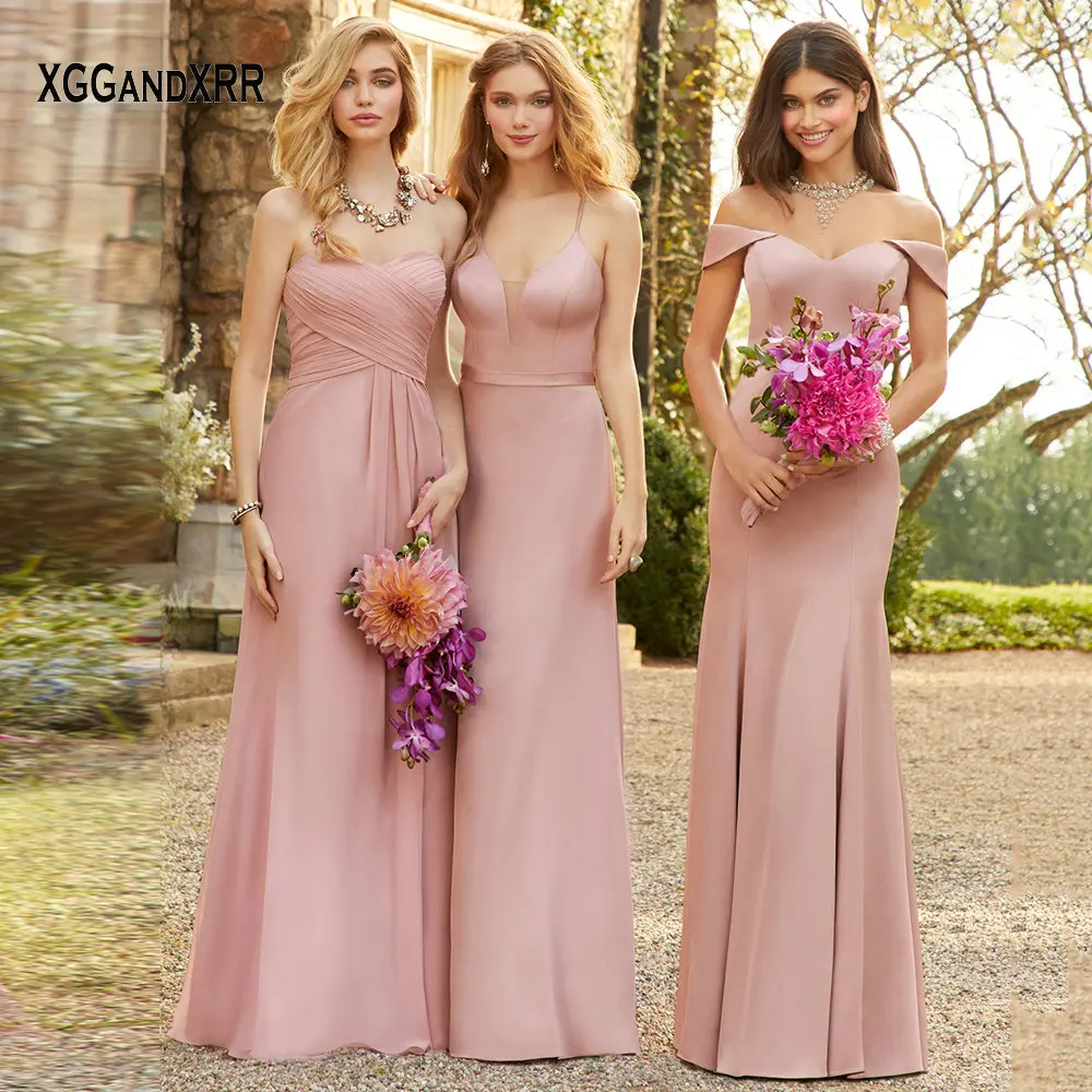 

Elegant Long Pink Chiffon Mermaid Bridesmaid Dress 2021 Bridal Gown Sexy Off the Shoulder Strapless Wedding Party Gown