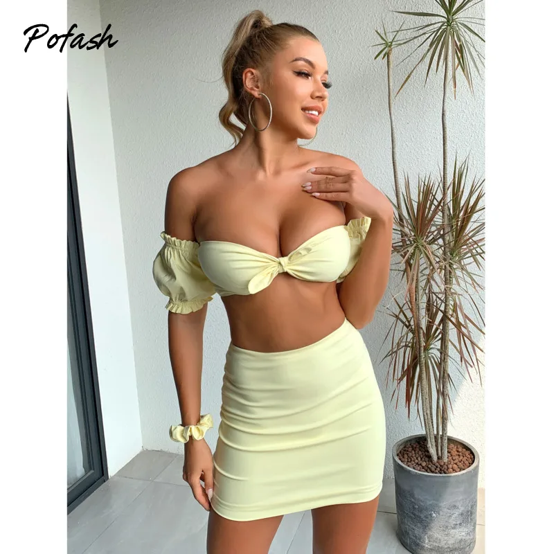 

Женский летний костюм Pofash из двух предметов, желтый топ с открытыми плечами и пышными рукавами и юбка, уличный комплект из 2 предметов, 2021