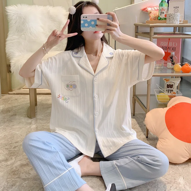 

Cardigan Pajamas Female Spring And Autumn Cotton Long-Sleeved Clothing Set Cute Wide Loose Summer Can Be Worn Outside Homewear