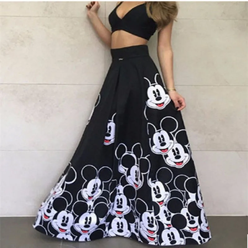 Plus Size Mickey Long Skirt Women Elegant Elastic High Waist Cartoon Casual Women Pleated skirt Ladies skirt Women Streetwear