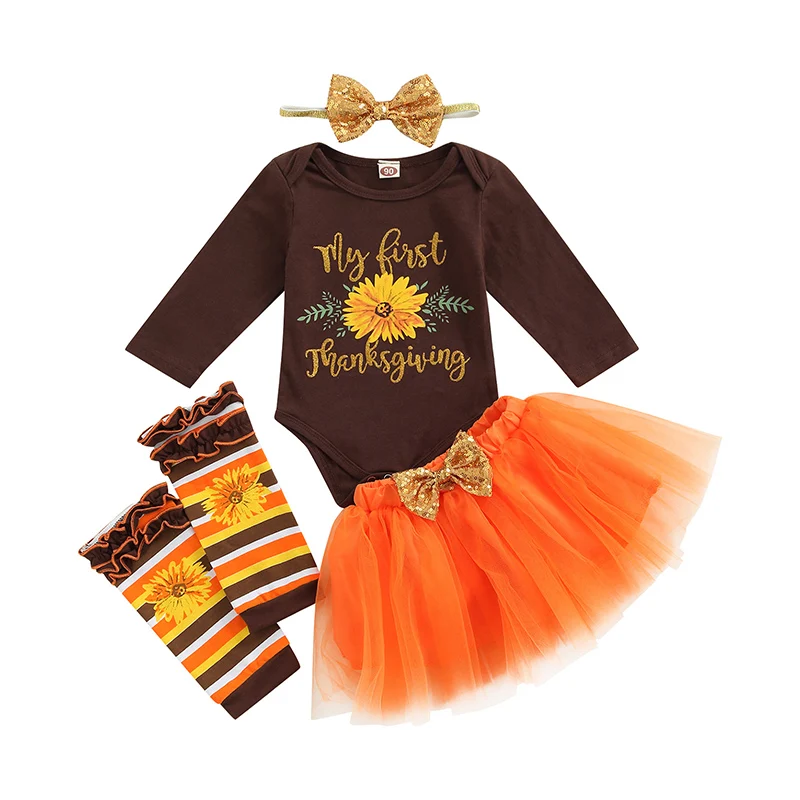 

Baby Romper Set Headband Thanksgiving Letter Flower Print Romper Sequined Bowknot Decorated Mesh Skirt Ruffled Leg Cover