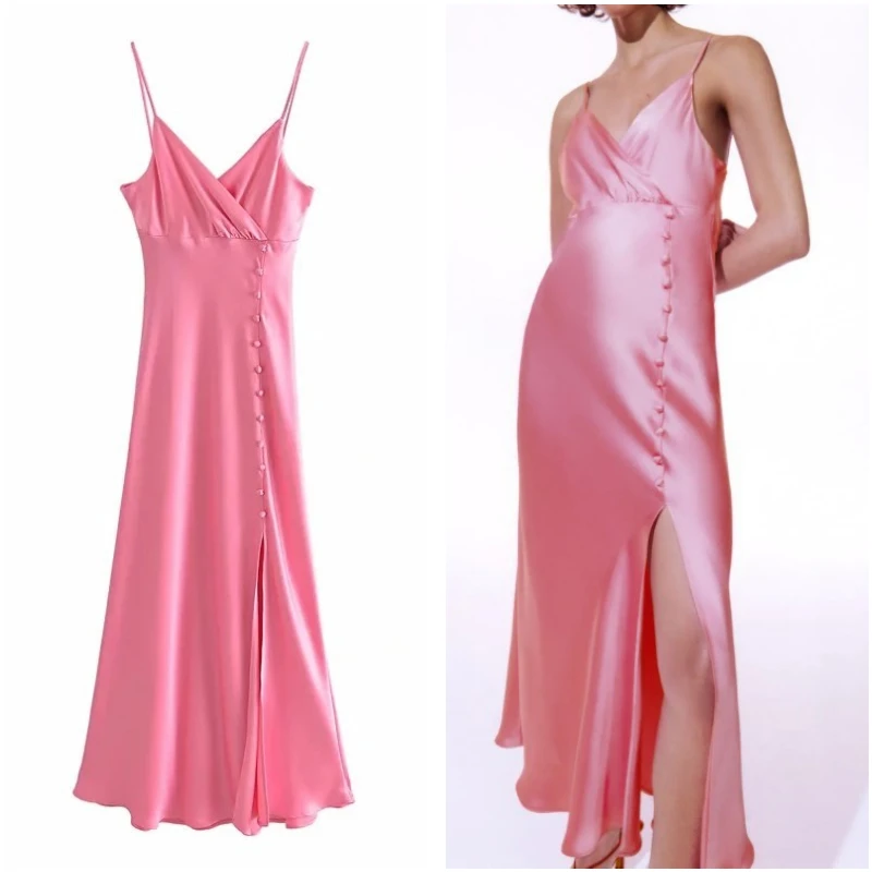 

Summer Dress Woman Za 2021 Pink Satin Long Dress Women Black Backless Slip Sexy Party Dresses Red Midi Elegant Dresses