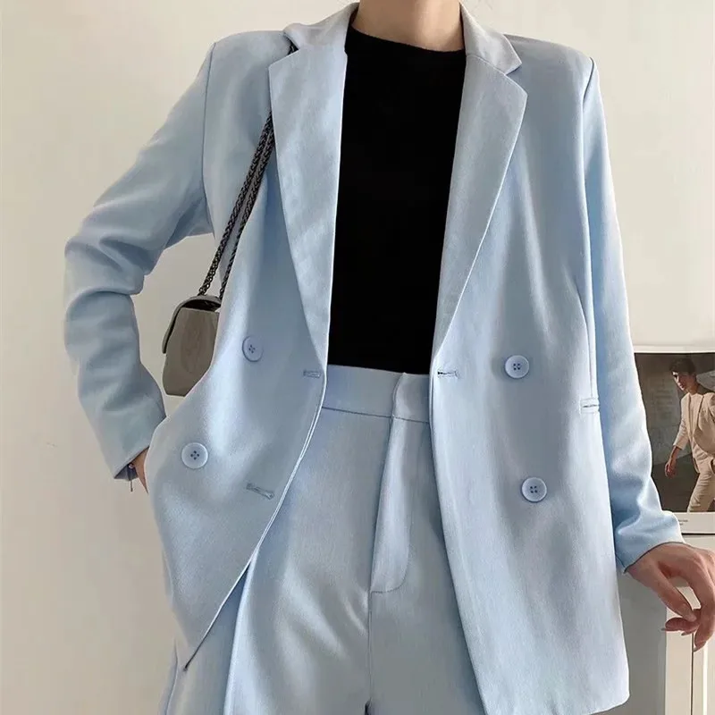 

Fashion Blue Double Breasted Long Women Blazer Jacket 2021 Casual Officewear Pockets Simple Solid Coats Chic Female Tops