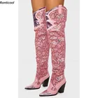 Женские весенние сапоги выше колена, с острым носком, на массивном каблуке, размеры 5-10,5