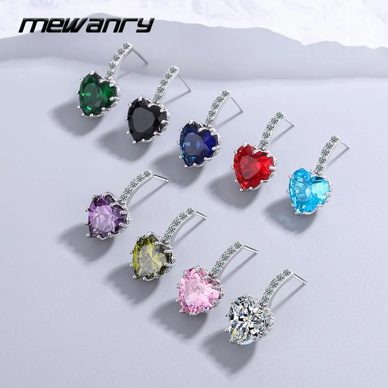 

MEWANRY Prevent Allergy Silver Color Stud Earrings for Women New Trendy Elegant Sparkling Zircon LOVE Heart Bride Jewelry