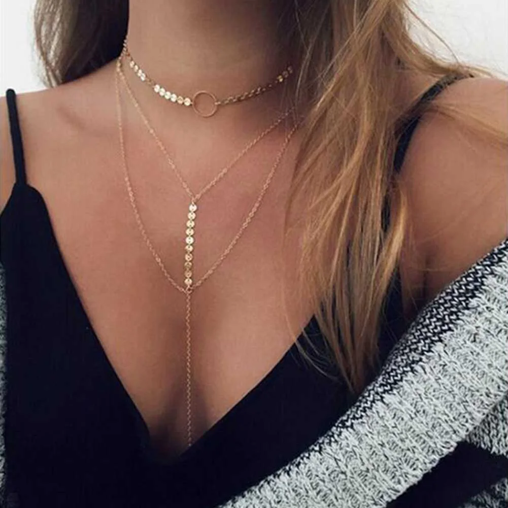 

Korean Version Fashion Necklace Temperament All-matched Women Sequins Long Tassel Choker Pretty Gold Silver Multilayer Necklace