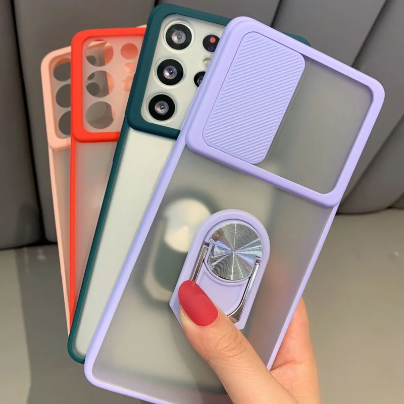 

Slide Camera Protection Phone Case For Samsung S21 Plus S20 FE A52 A72 A51 A71 A32 F62 Note 20 Ring Holder Soft Cover