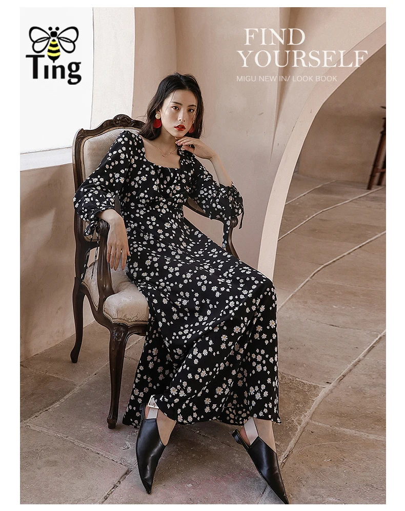 Женское длинное платье с квадратным вырезом Tingfly винтажное Элегантное