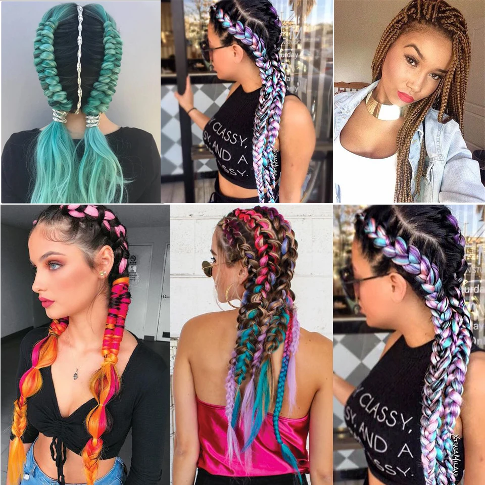 

LANLAN 24 inch synthetic Ombre giant crochet big braid purple pink blue rainbow color synthetic braided hair extension
