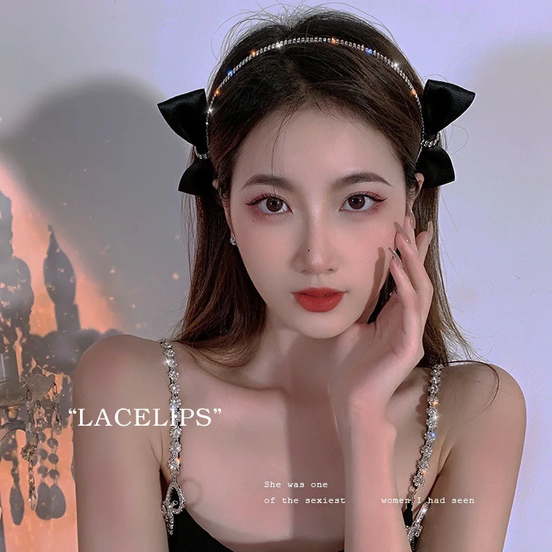 

Повязка для волос в Корейском стиле стразы, черные, с двойным боковым бантом, темпераментные аксессуары для волос, повязка на голову в стиле ...