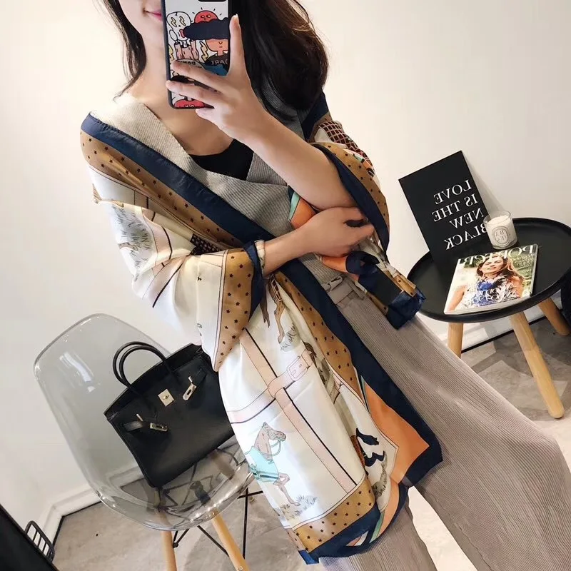 Модный женский шарф роскошный брендовый шелковый с принтом на цепочке